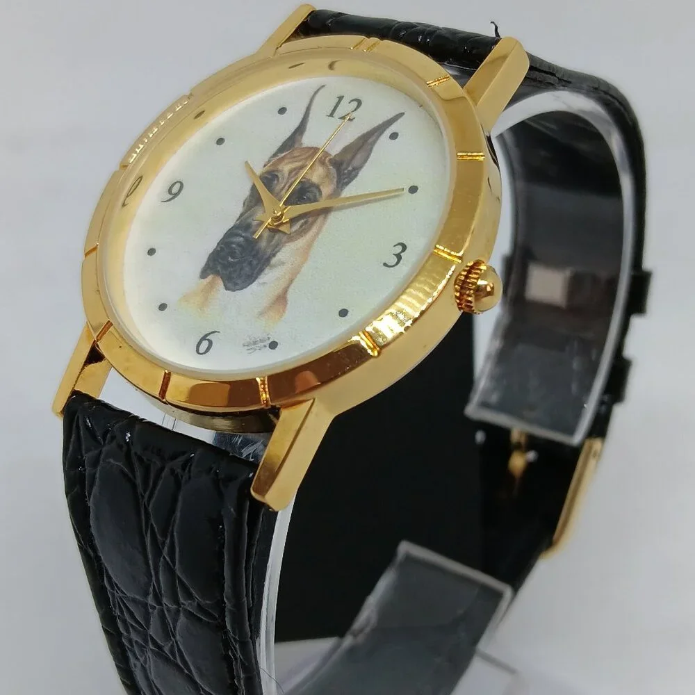 Great Dane 33mm Women's Gold Tone Black Leather Band Dog Watch